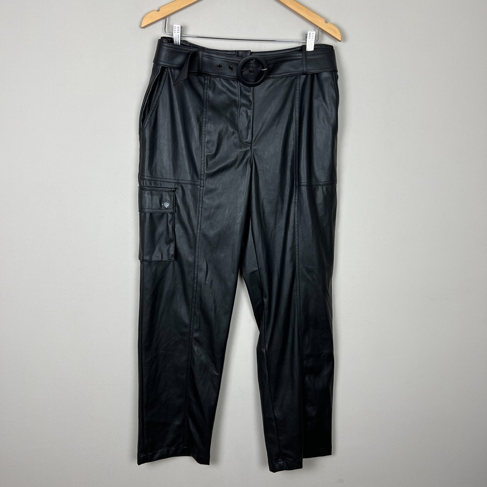 Karl Lagerfeld Faux Leather Cargo Pants Womens 12 Black Belted Straight Leg New